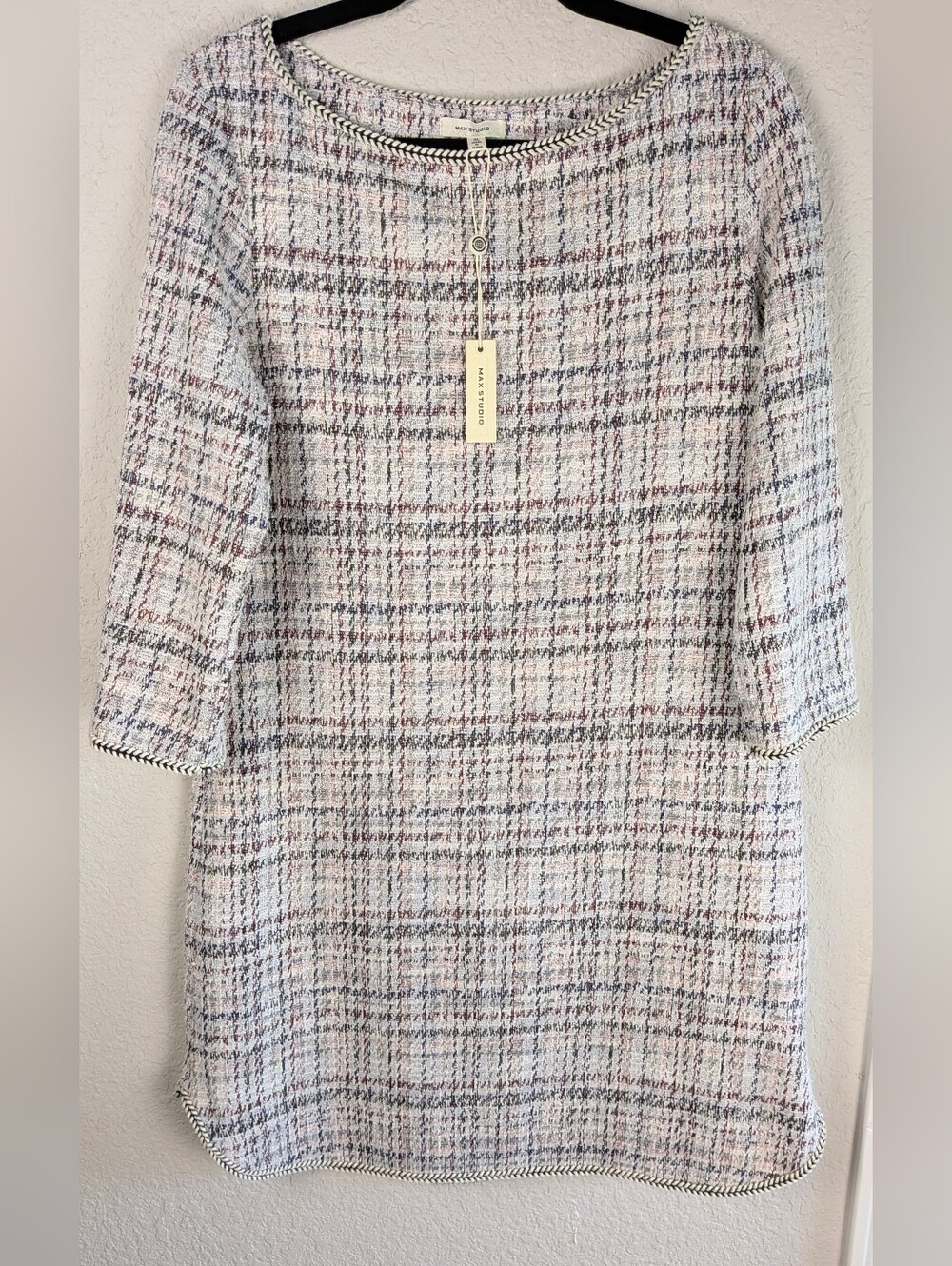 NWT Max Studio Knit Dress XL Slub Tweed 3/4 Sleeves Knee Length Boat Neck Chic
